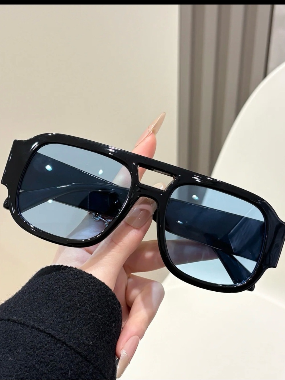 Glossy Black Oversized Sunglasses with Blue Lenses